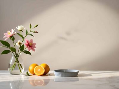 vase with flowers and lemons on a table, with a plate in a softly lit room.