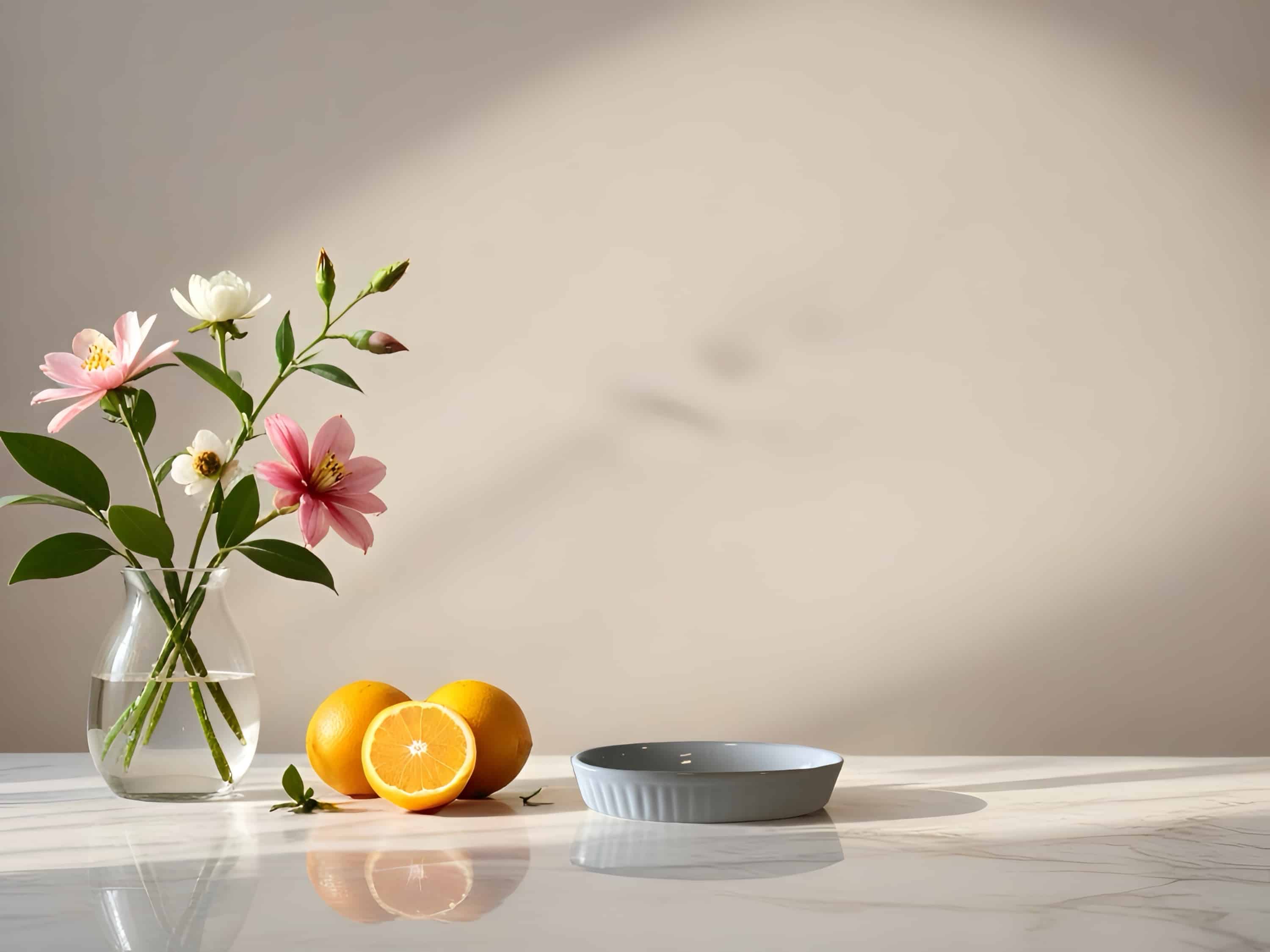 vase with flowers and lemons on a table, with a plate in a softly lit room.