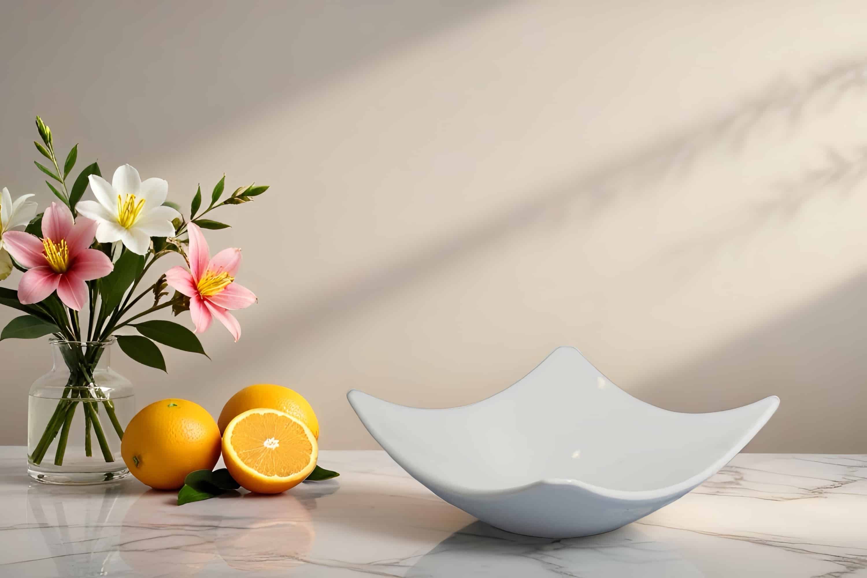 vase עם פרחים צבעוניים, תפוזים וספל קרמי על שולחן. מתאים לעיצוב שולחנות לאירועים.