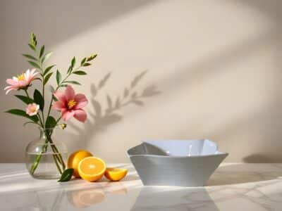 vase עם פרחים, תפוזים חצויים וקערה על שולחן, מתאים לעיצוב שולחנות לאירועים.