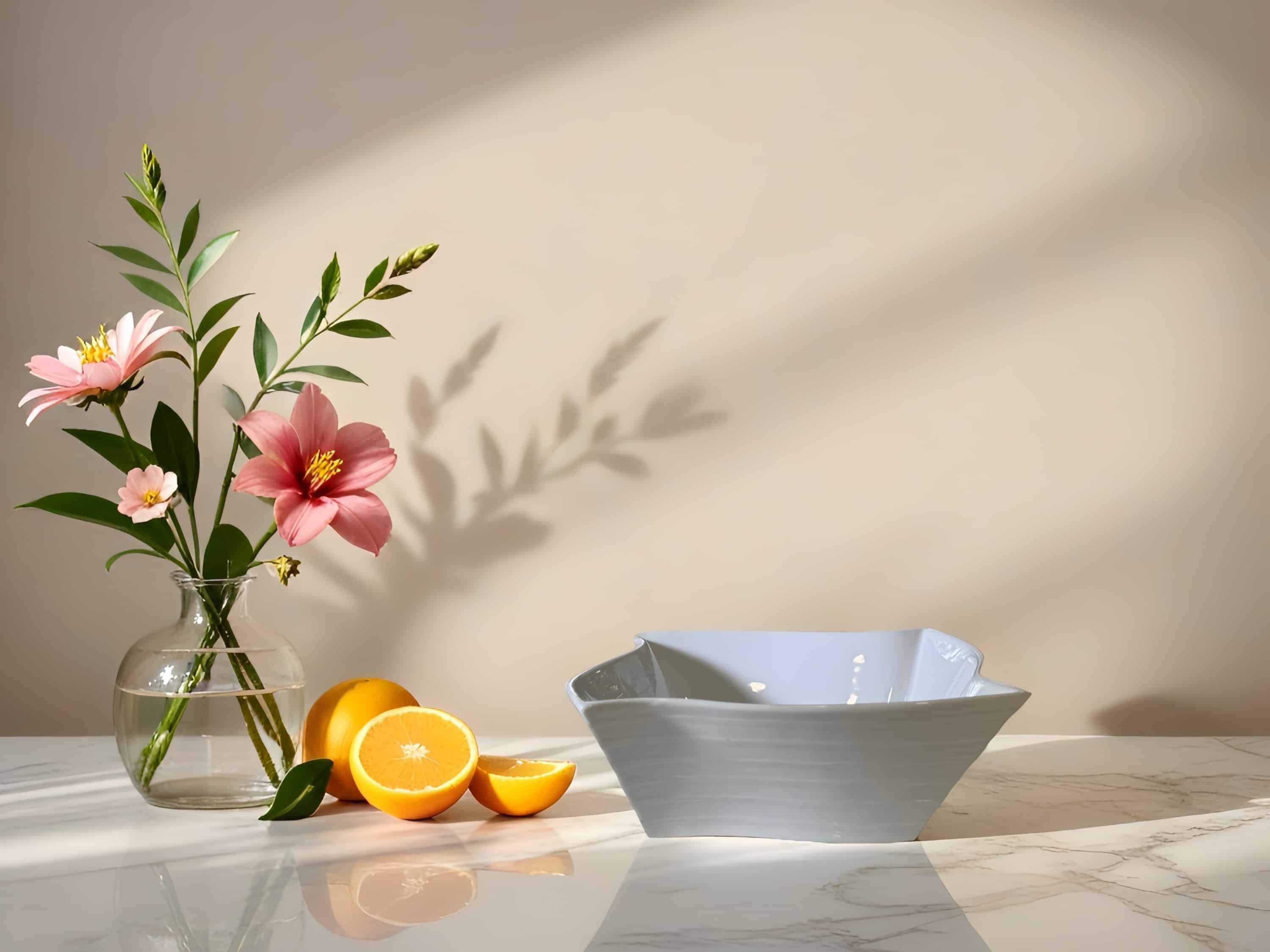 vase עם פרחים, תפוזים חצויים וקערה על שולחן, מתאים לעיצוב שולחנות לאירועים.