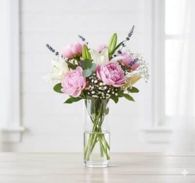 זר פרחים צבעוני במ vase שקוף, מתאים לעיצוב שולחנות לאירועים ולחגיגות.