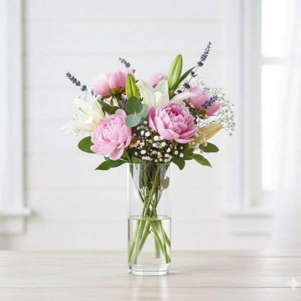 זר פרחים צבעוני במ vase שקוף, מתאים לעיצוב שולחנות לאירועים ולחגיגות.