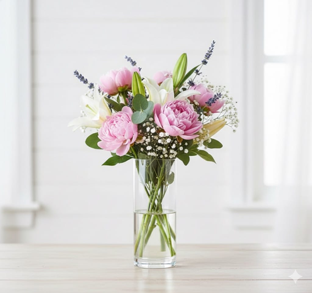 זר פרחים צבעוני במ vase שקוף, מתאים לעיצוב שולחנות לאירועים ולחגיגות.