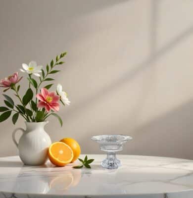vase with flowers, sliced oranges, and a glass dish on a marble table, perfect for אירועים.