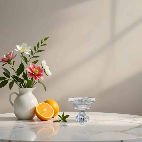 vase with flowers, sliced oranges, and a glass dish on a marble table, perfect for אירועים.