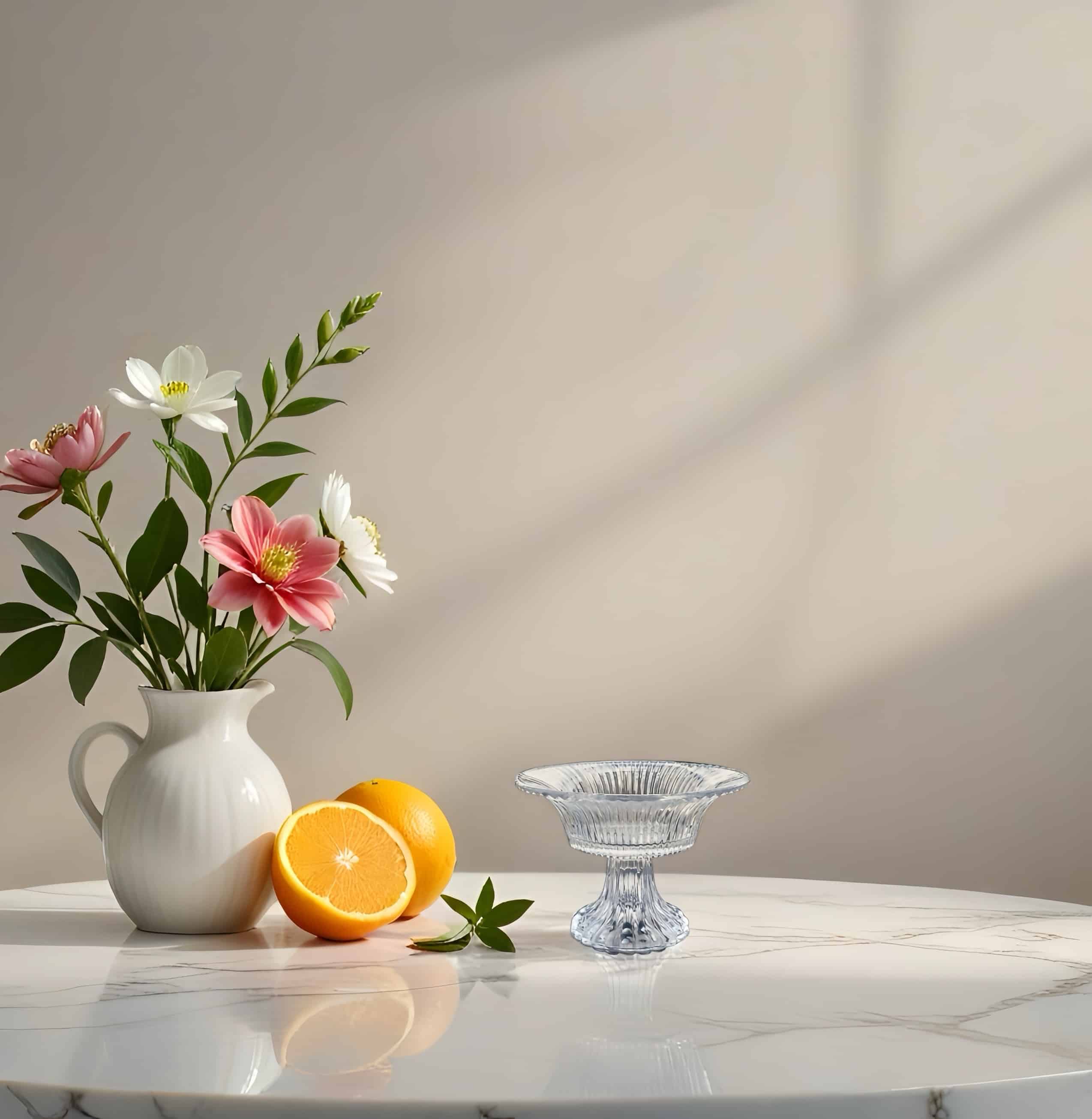 vase with flowers, sliced oranges, and a glass dish on a marble table, perfect for אירועים.