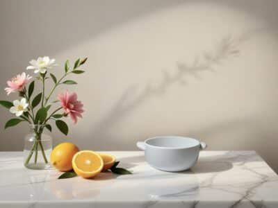 זוג תפוזים עם קערה כחולה ופרחים בתוך Vase על שולחן מעוצב. עיצוב מושלם לאירועים.