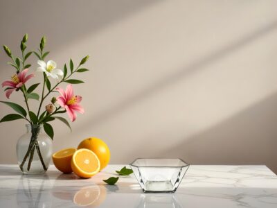 פרחים ורודים ולבנים בתוך vase, תפוזים חצויים, קערה שקופה על שולחן מבריק.