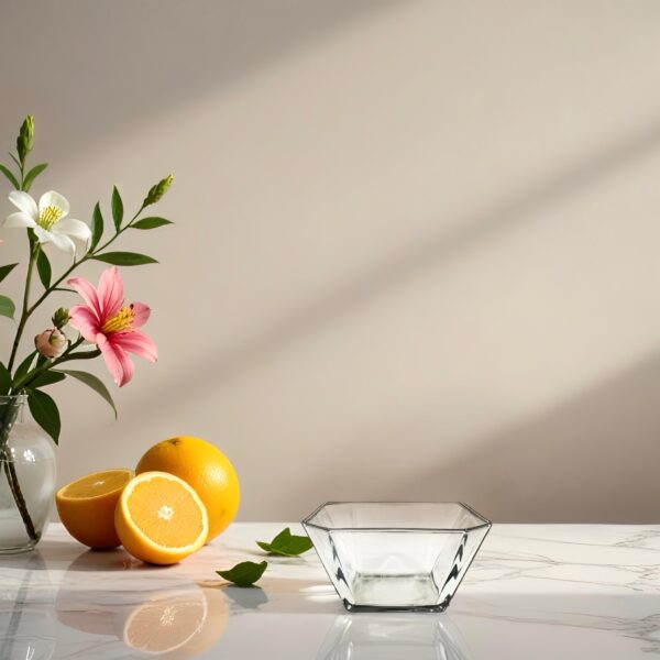 פרחים ורודים ולבנים בתוך vase, תפוזים חצויים, קערה שקופה על שולחן מבריק.
