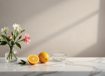 פרחים בתוך Vase שקוף, תפוז ולימון על שולחן שיש, קישוטים לעיצוב שולחנות לאירועים.
