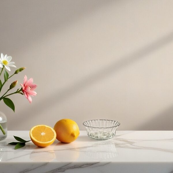 פרחים בתוך Vase שקוף, תפוז ולימון על שולחן שיש, קישוטים לעיצוב שולחנות לאירועים.