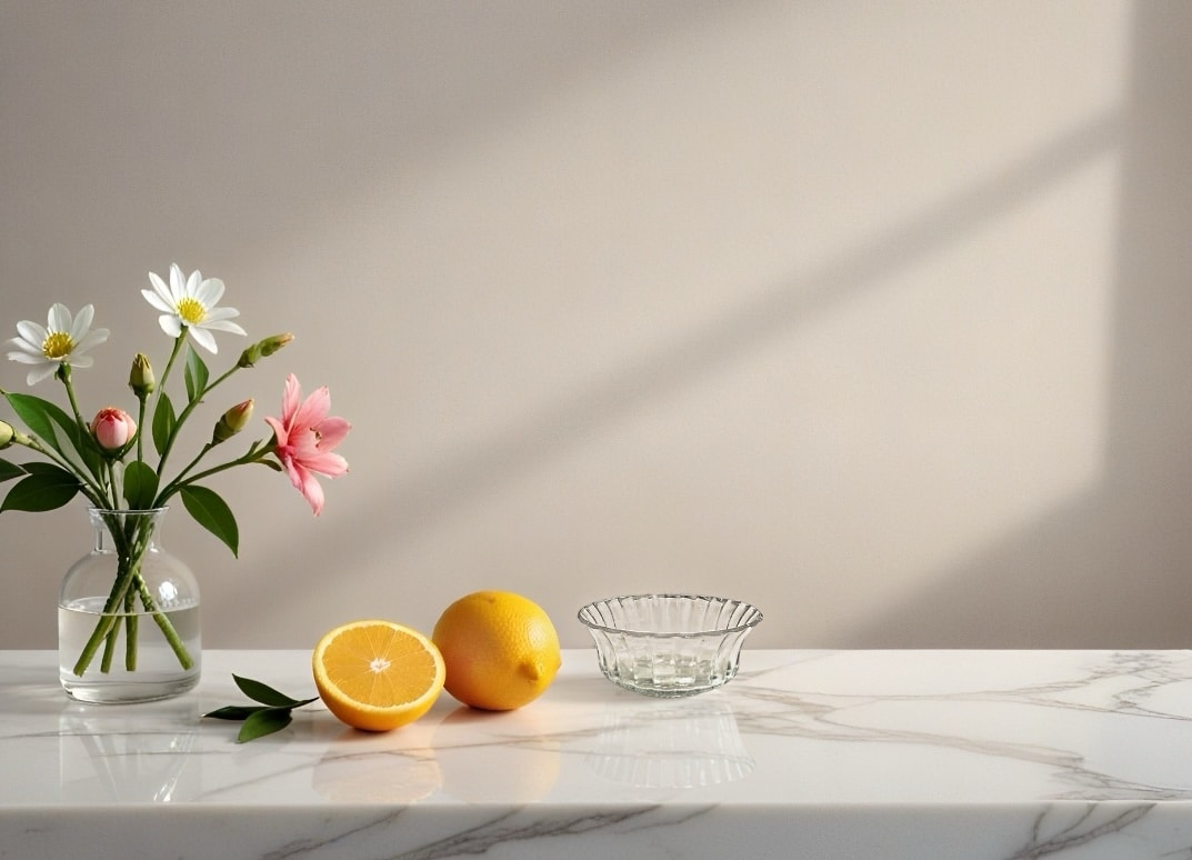 פרחים בתוך Vase שקוף, תפוז ולימון על שולחן שיש, קישוטים לעיצוב שולחנות לאירועים.
