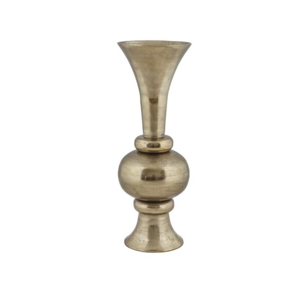 vase ממתכת בצבע זהב עם עיצוב מעוגל, מתאים לעיצוב שולחנות לאירועים שונים.