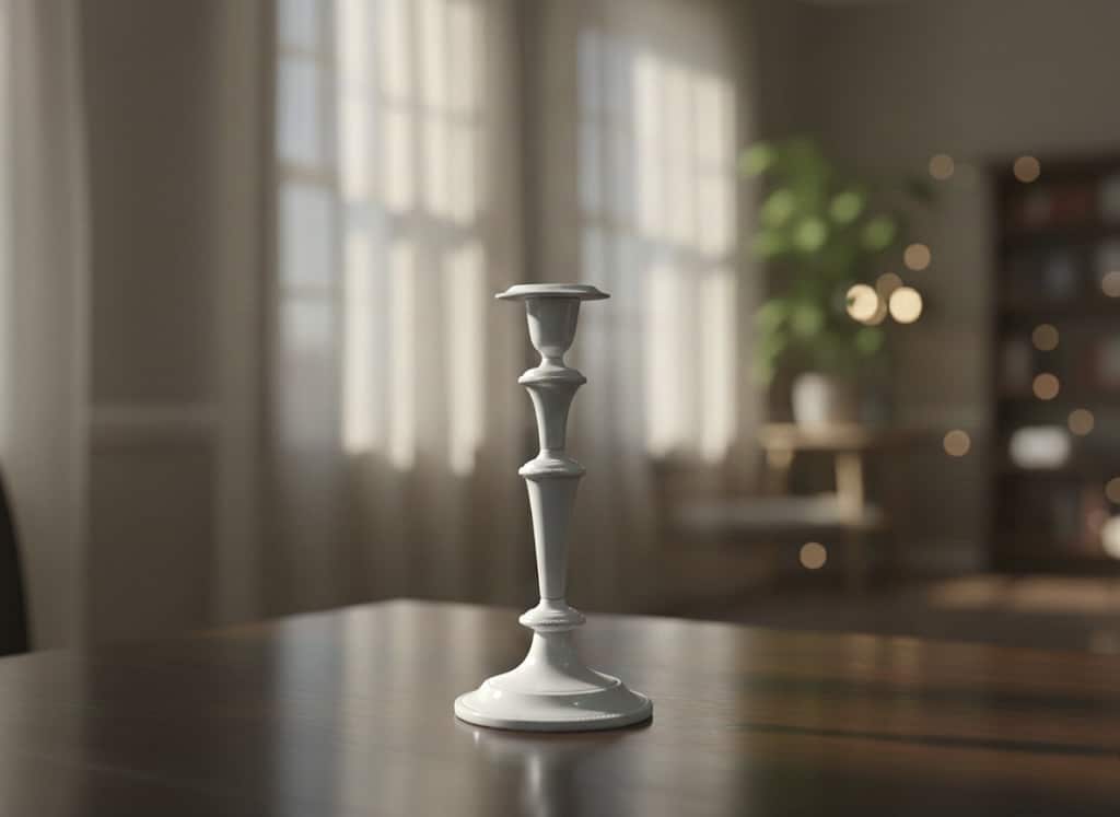 candlestick על שולחן עץ בחלל מואר, מתאים לעיצוב שולחנות לאירועים.