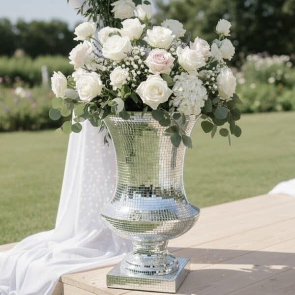 vase מעוצב עם פרחים לבנים בשטח פתוח לקראת אירוע, מתאים להשכרת ציוד לאירועים.