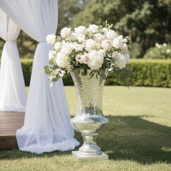 vase מעוטר בפרחים לבנים ורודים, ממוקם לצד במת אירועים עם תצוגת עיצוב שולחנות.