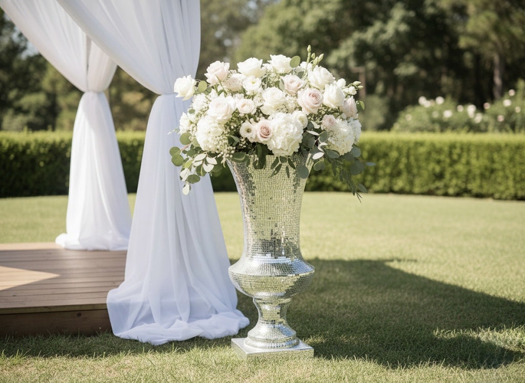 vase מעוטר בפרחים לבנים ורודים, ממוקם לצד במת אירועים עם תצוגת עיצוב שולחנות.