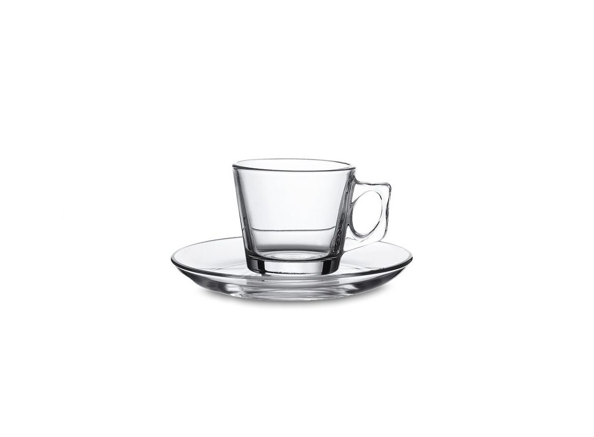 כוס זכוכית שקופה עם saucer, מתאימה להשכרת כלי אוכל לאירועים.