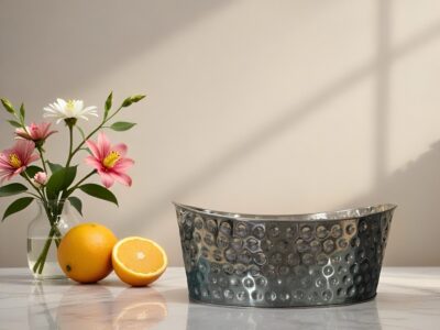 vase עם פרחים, תפוזים חתוכים ושולחן מבריק, מתאים להשכרת ציוד לאירועים ועיצוב שולחנות.