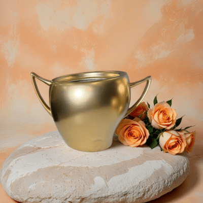 vase מזהב עם ידיות, מונח על אבן, לידו ורדים בצבע אפרסק, מתאים לעיצוב שולחנות לאירועים.