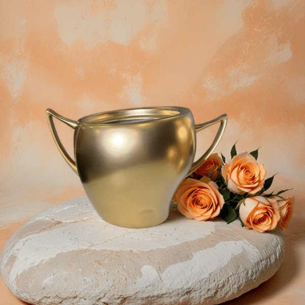 vase מזהב עם ידיות, מונח על אבן, לידו ורדים בצבע אפרסק, מתאים לעיצוב שולחנות לאירועים.