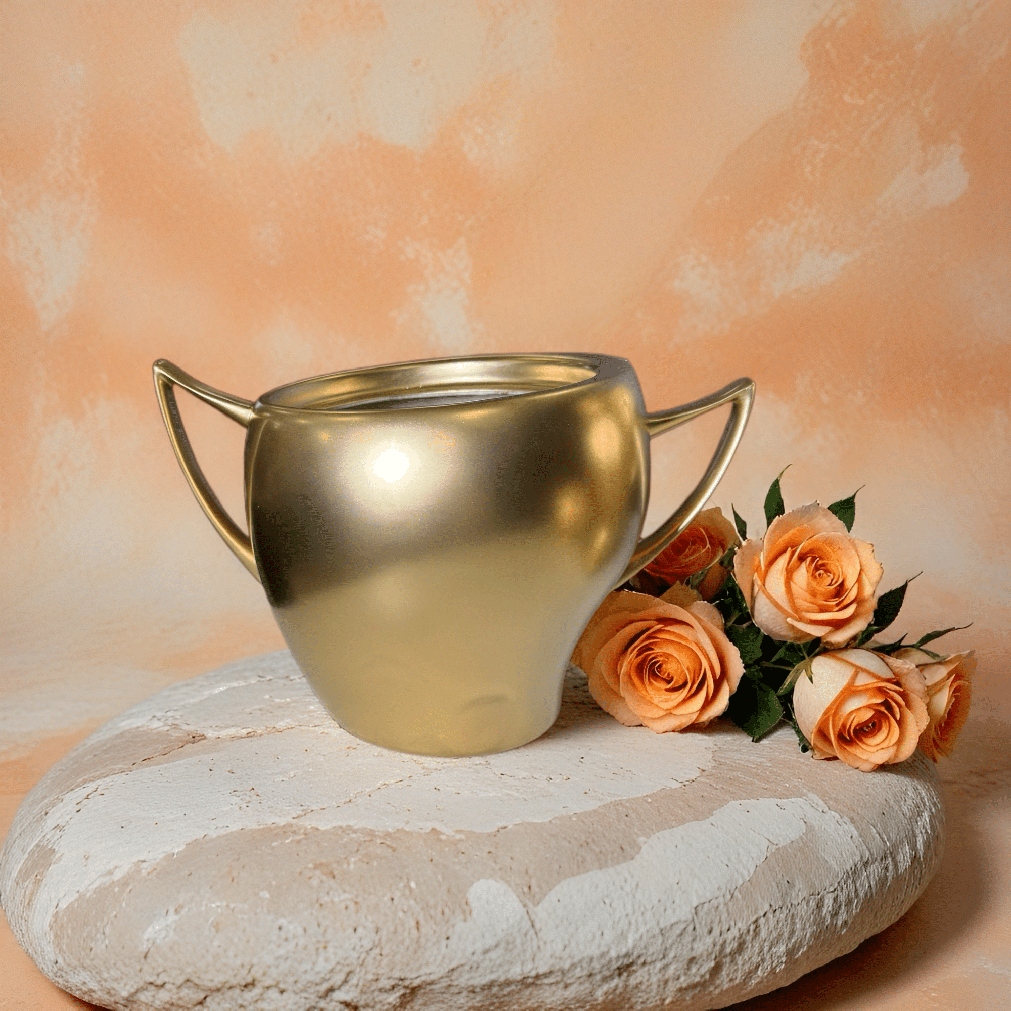 vase מזהב עם ידיות, מונח על אבן, לידו ורדים בצבע אפרסק, מתאים לעיצוב שולחנות לאירועים.
