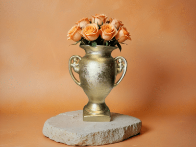 vase עם ורדים כתומים על רקע כתום, מתאים לעיצוב שולחנות לאירועים.