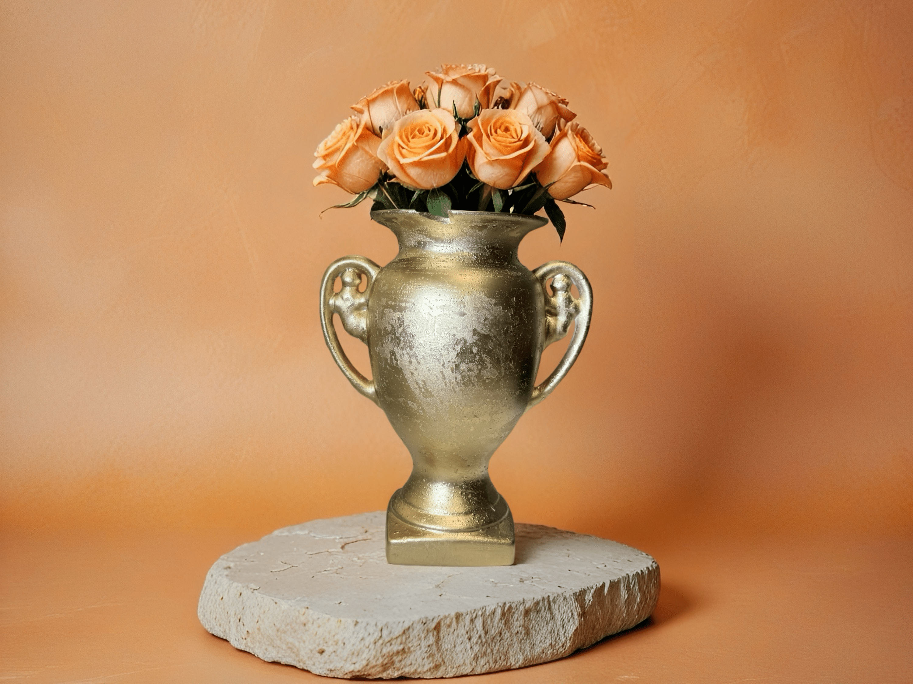 vase עם ורדים כתומים על רקע כתום, מתאים לעיצוב שולחנות לאירועים.